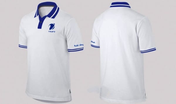 Áo thun đồng phục màu trắng phối cổ xanh bích có in logo